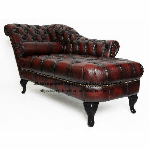 Vintage Tufted Button Rustic wine red Leather Sofa With Right Arm Lounge Chaise