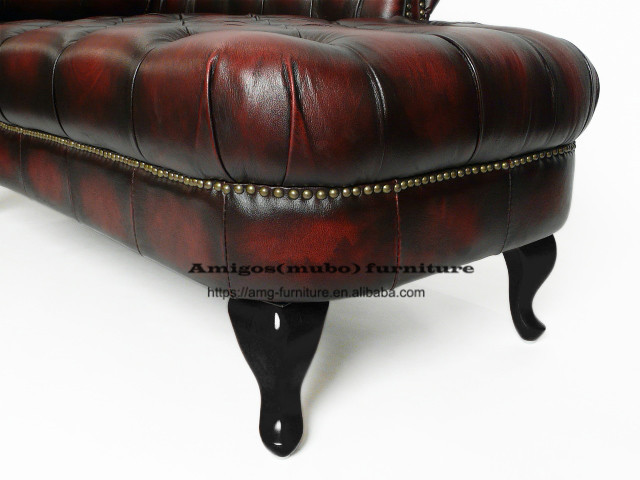 Vintage Tufted Button Rustic wine red Leather Sofa With Right Arm Lounge Chaise