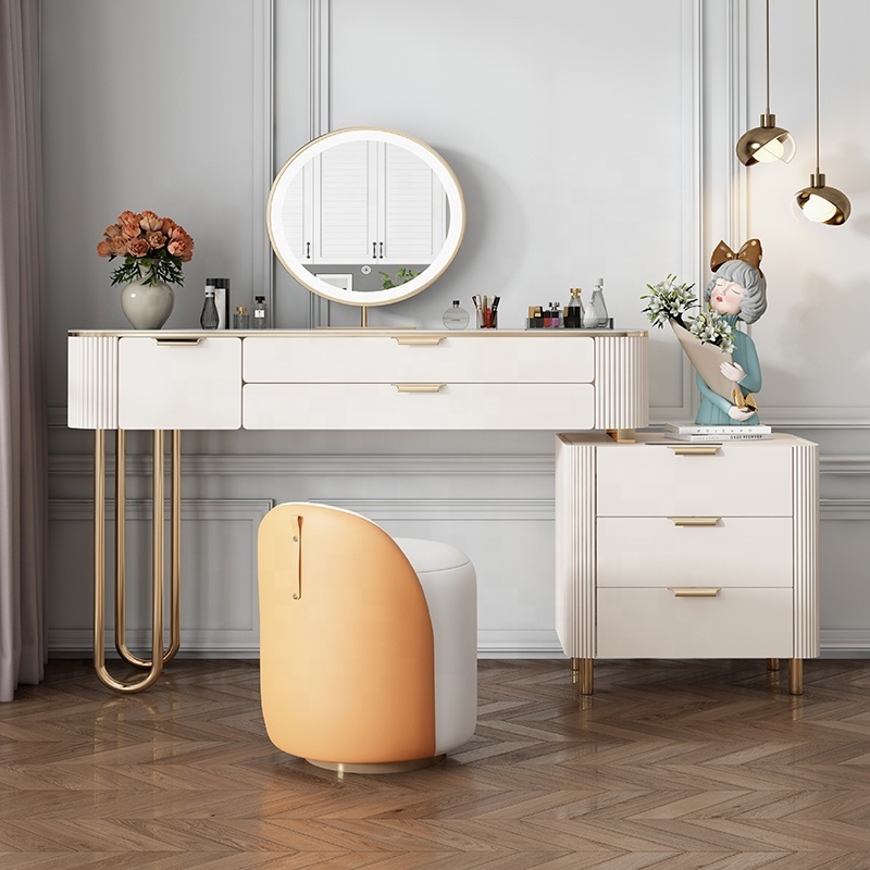 Nordic White Cabinet Dressing Table with Mirror and Stool Dressing Table Iron Dresser for Bedroom with LED Mirrors Golden Modern