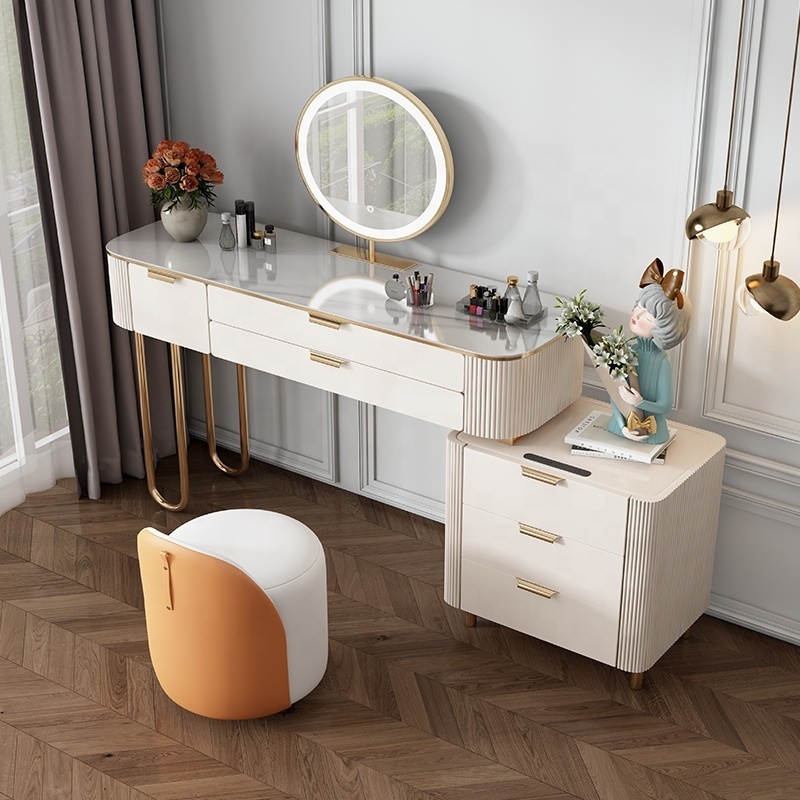 Nordic White Cabinet Dressing Table with Mirror and Stool Dressing Table Iron Dresser for Bedroom with LED Mirrors Golden Modern