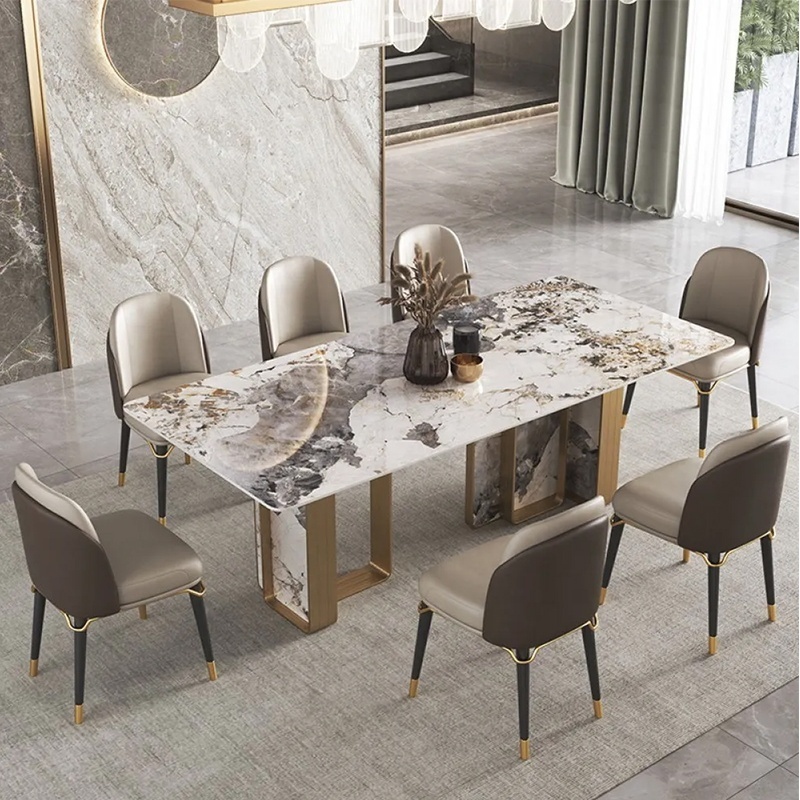 italian style marble granite top dining tables and leather chairs luxury dinning room furniture wood leg dining tables set