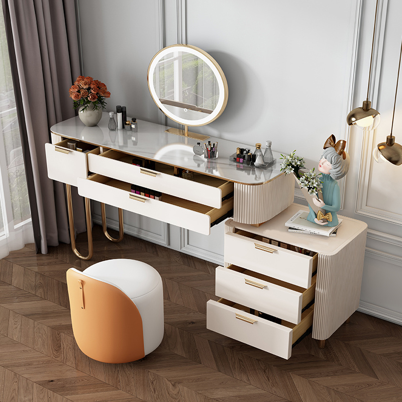 Nordic White Cabinet Dressing Table with Mirror and Stool Dressing Table Iron Dresser for Bedroom with LED Mirrors Golden Modern