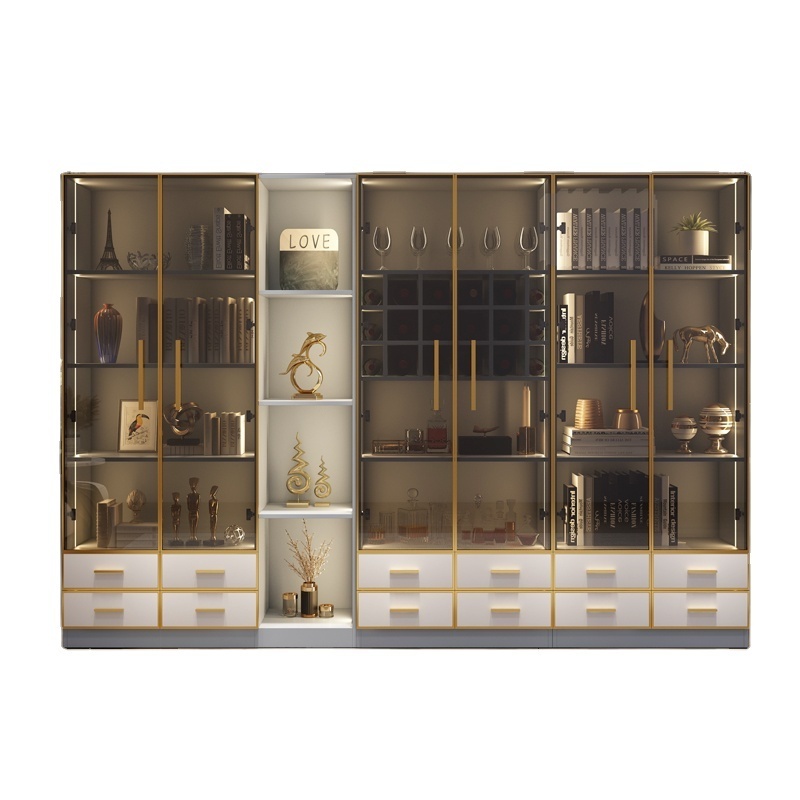 modern classic clear glass and acrylic 5 shelf stainless steel display open bookcase in gold