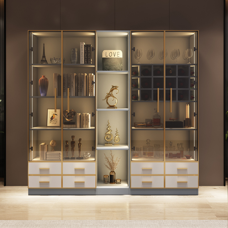 modern classic clear glass and acrylic 5 shelf stainless steel display open bookcase in gold