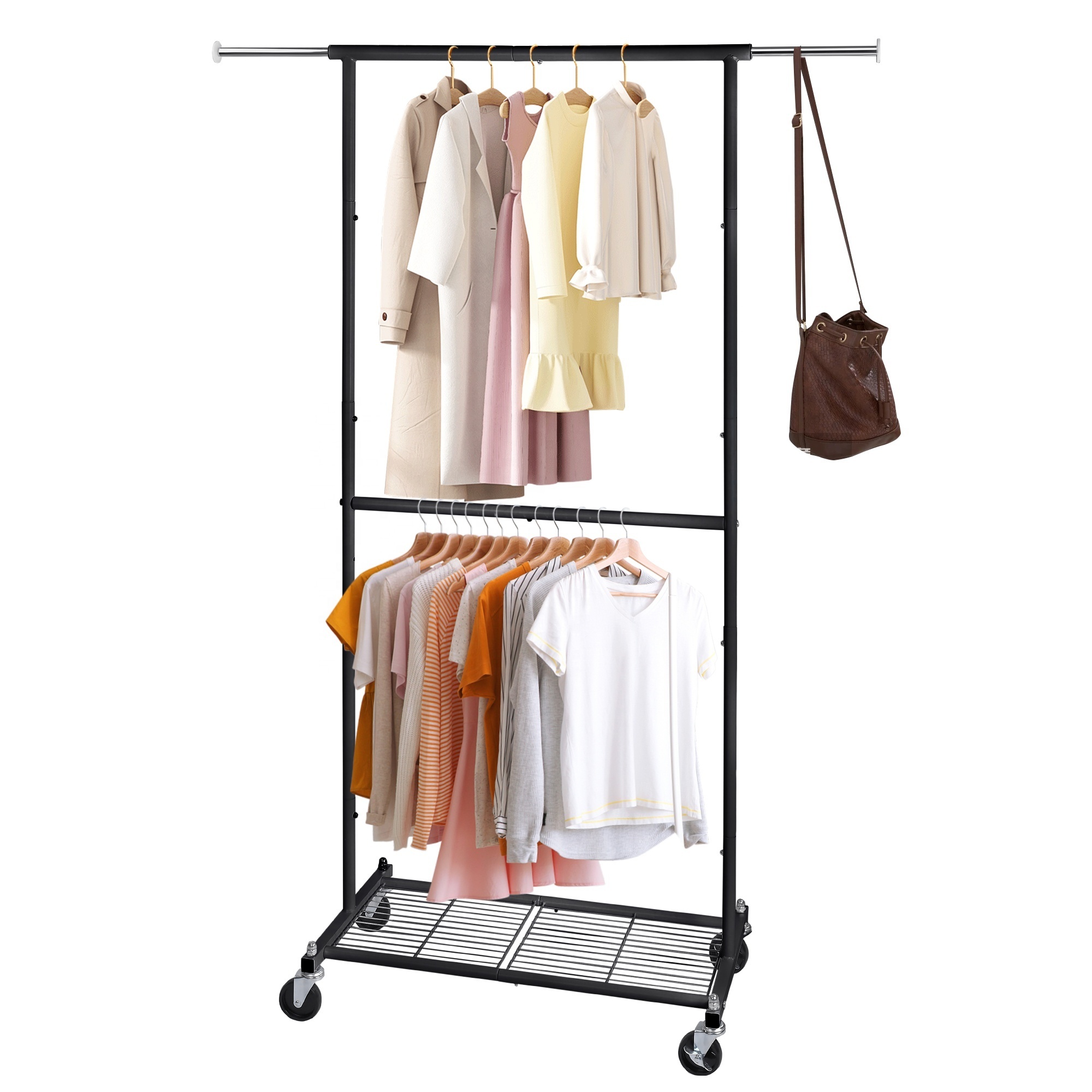 High Quality Metal Cloth Storage Rack with Wheels Movable Standard Clothing Garment Rack Rolling Extendable Cloth Shelves