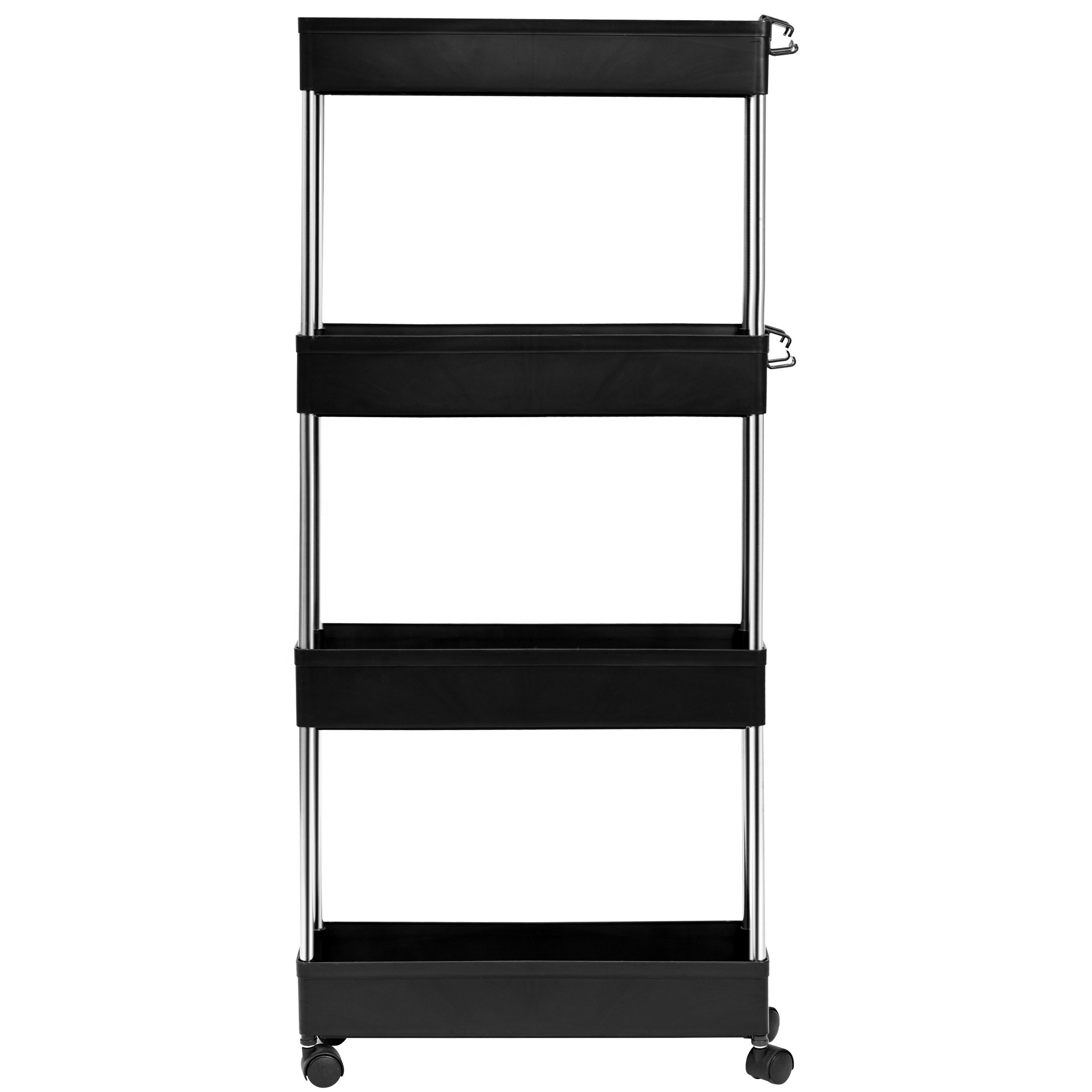 4 Tier Shelves with Wheels Plastic Rack Kitchen Organizer Bathroom Storage Trolley Rolling Slim Cart with Hook