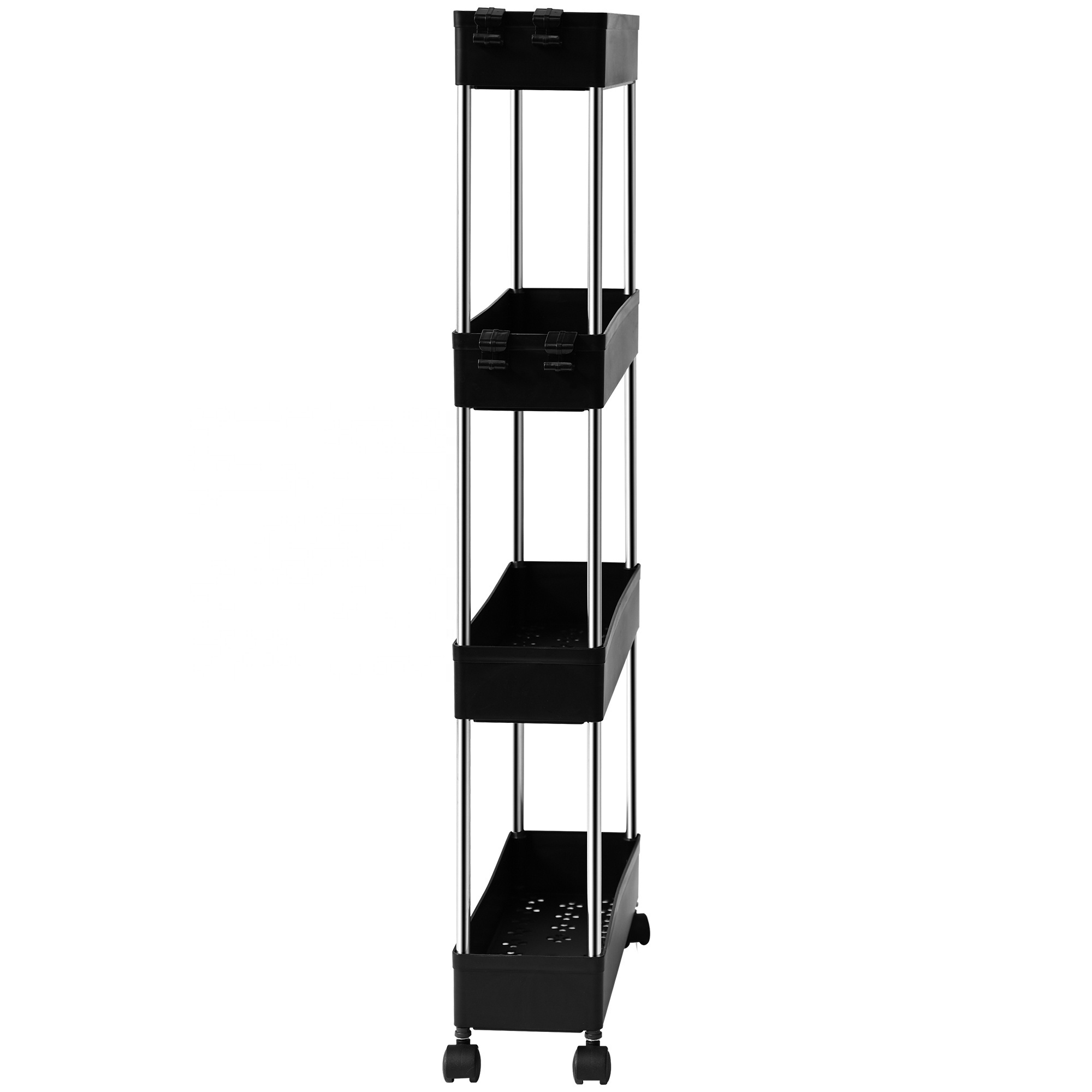 4 Tier Shelves with Wheels Plastic Rack Kitchen Organizer Bathroom Storage Trolley Rolling Slim Cart with Hook