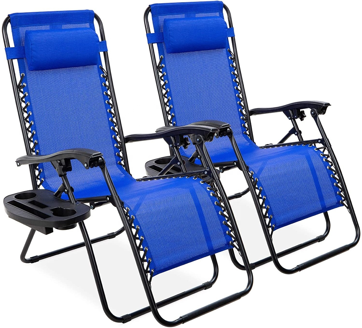 Set of 2 Adjustable Steel Mesh Zero Gravity Lounge Chair Recliners w/Pillows and Cup Holder Trays