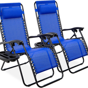 Set of 2 Adjustable Steel Mesh Zero Gravity Lounge Chair Recliners w/Pillows and Cup Holder Trays