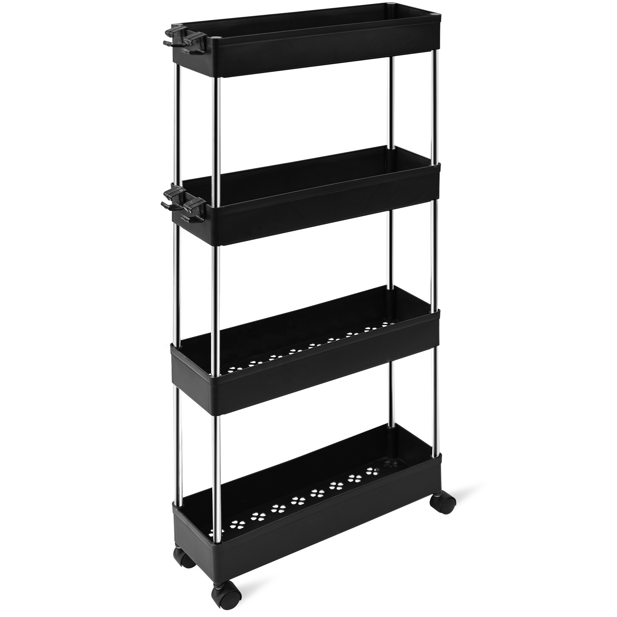 4 Tier Shelves with Wheels Plastic Rack Kitchen Organizer Bathroom Storage Trolley Rolling Slim Cart with Hook