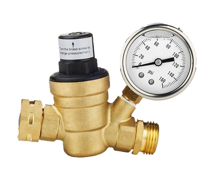 Water Pressure Regulator, Lead Free Brass Valve with Gauge for RV Camper, Pressure Range 0-160PSI / 0-11Bar