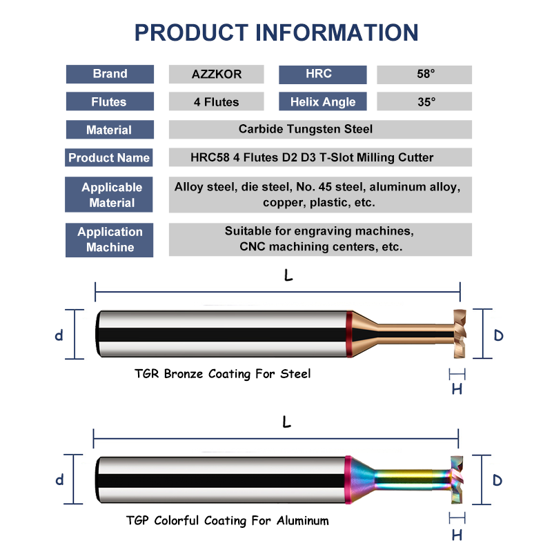 Azzkor TGR TGP D2 D3 Aluminum T-slot End Mill Hrc58 4 Flutes Carbide Tungsten Steel T slot Milling Cutter Router Bit For Steel