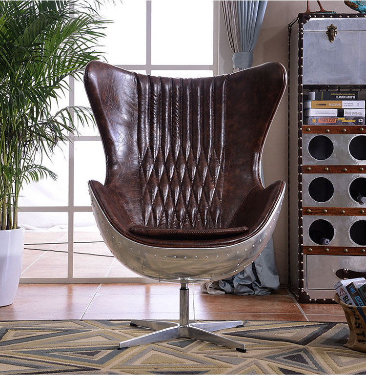 vintage aviation egg shaped chair leather seat handmade swivel Aluminium brown leather arm chair