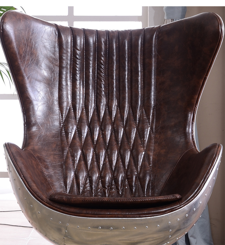 vintage aviation egg shaped chair leather seat handmade swivel Aluminium brown leather arm chair