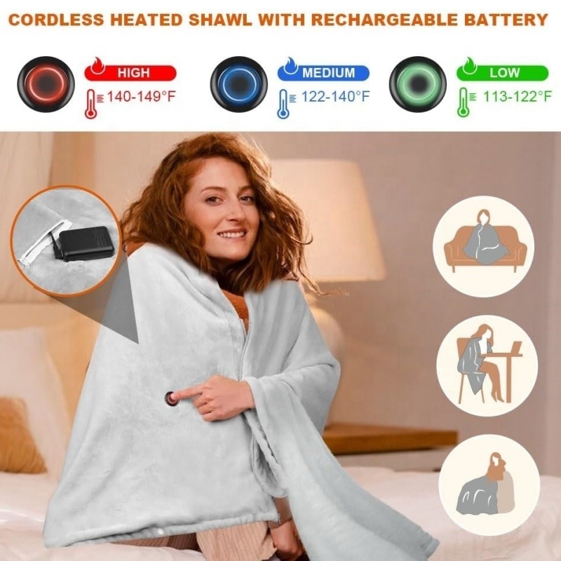 Usb battery powered fast heating soft wearable electric heated shawl blanket for winter