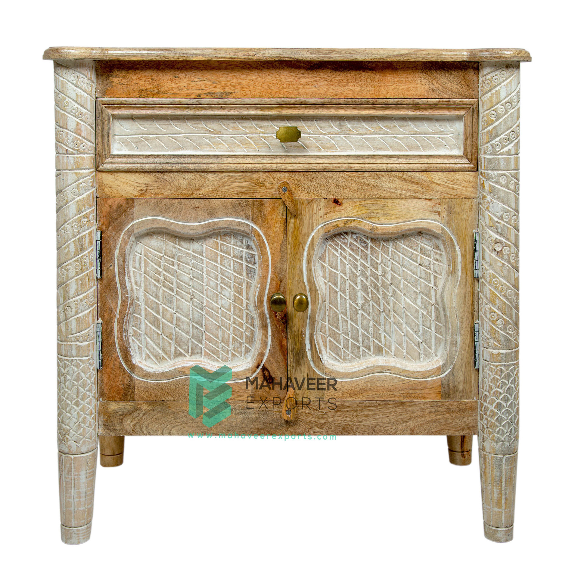 Hand Carved Wooden Two Drawer Two Door Distress Finish Sideboard / Cabinet In Mango Wood  For Living Room / Bedroom Furniture