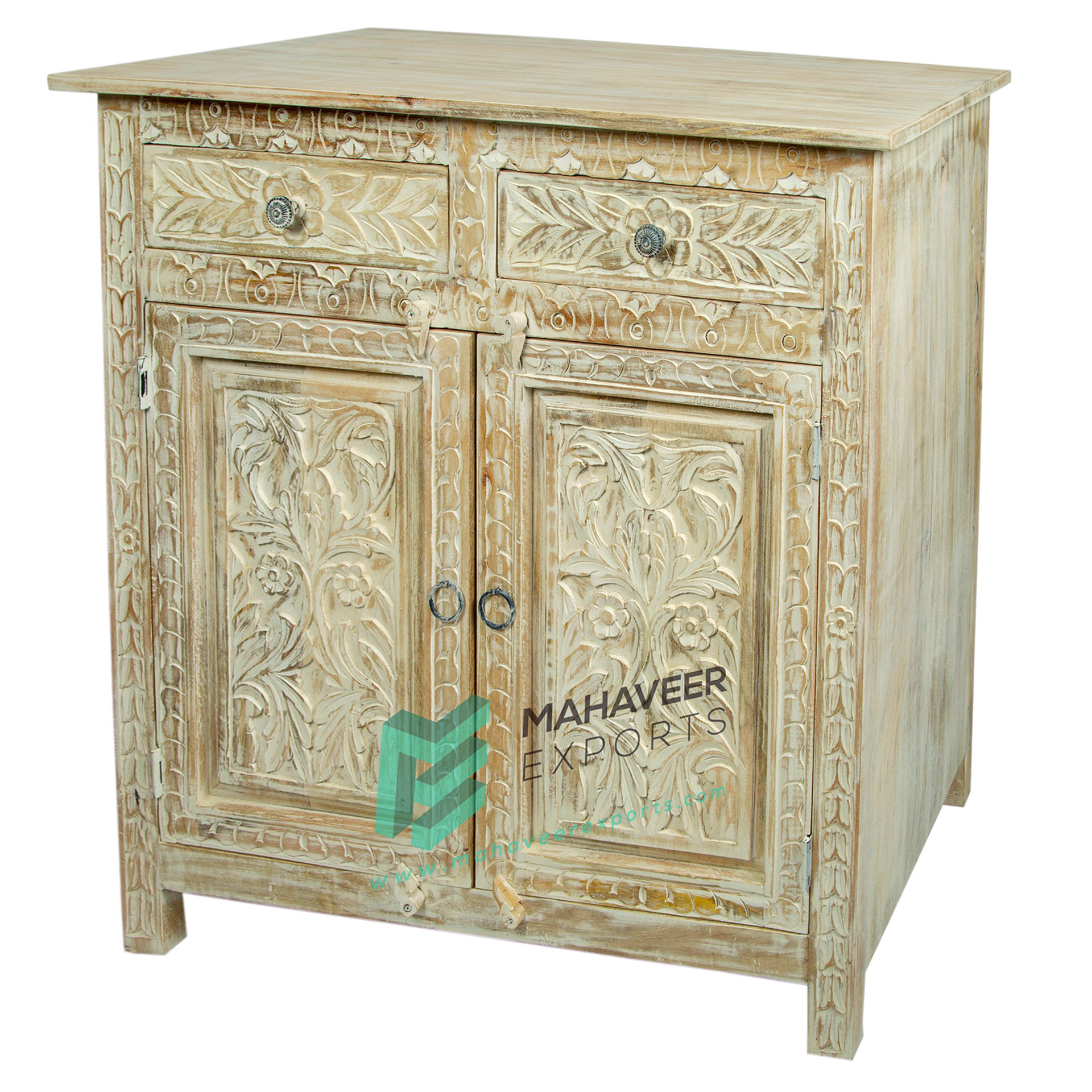 Hand Carved Wooden Two Drawer Two Door Distress Finish Sideboard / Cabinet In Mango Wood  For Living Room / Bedroom Furniture