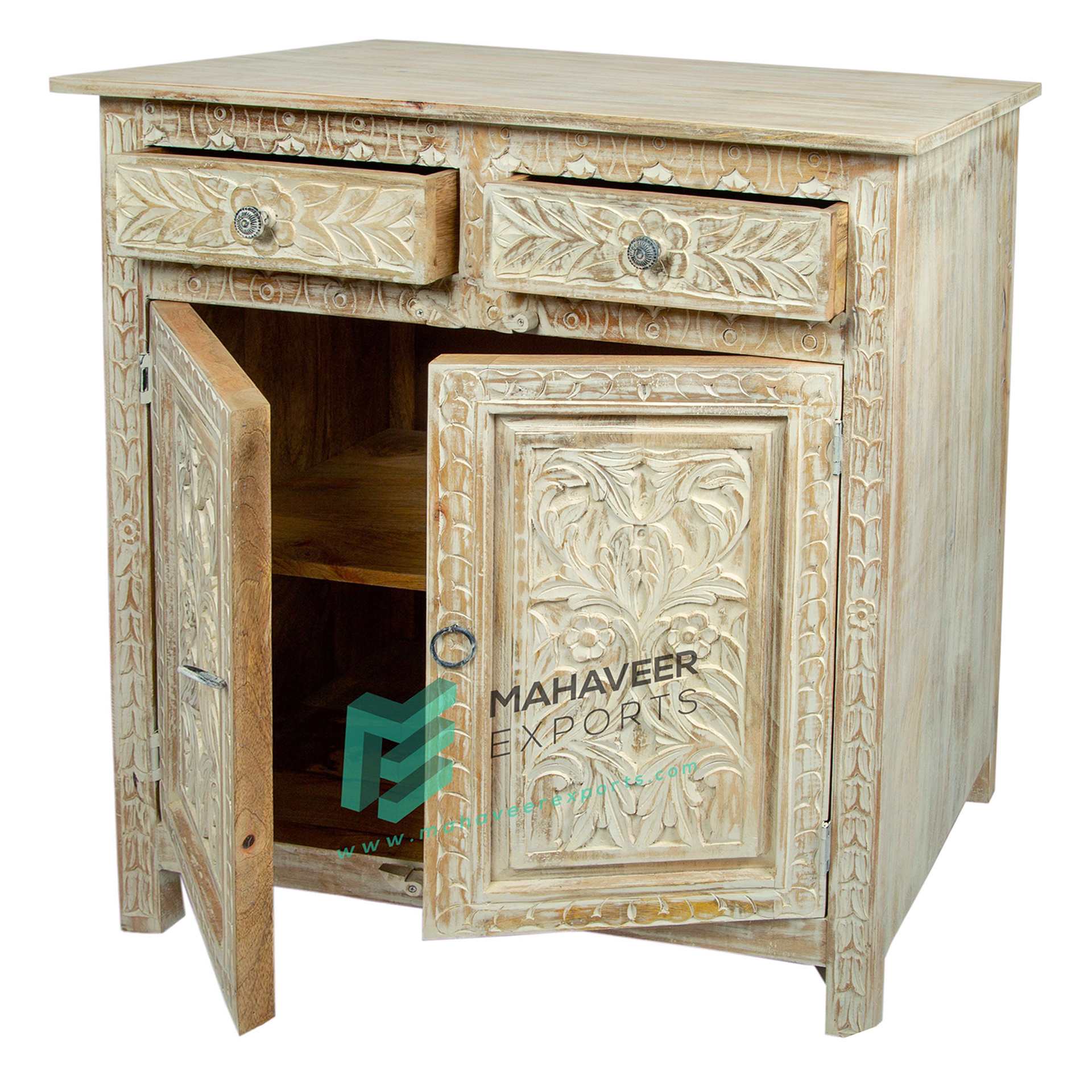 Hand Carved Wooden Two Drawer Two Door Distress Finish Sideboard / Cabinet In Mango Wood  For Living Room / Bedroom Furniture