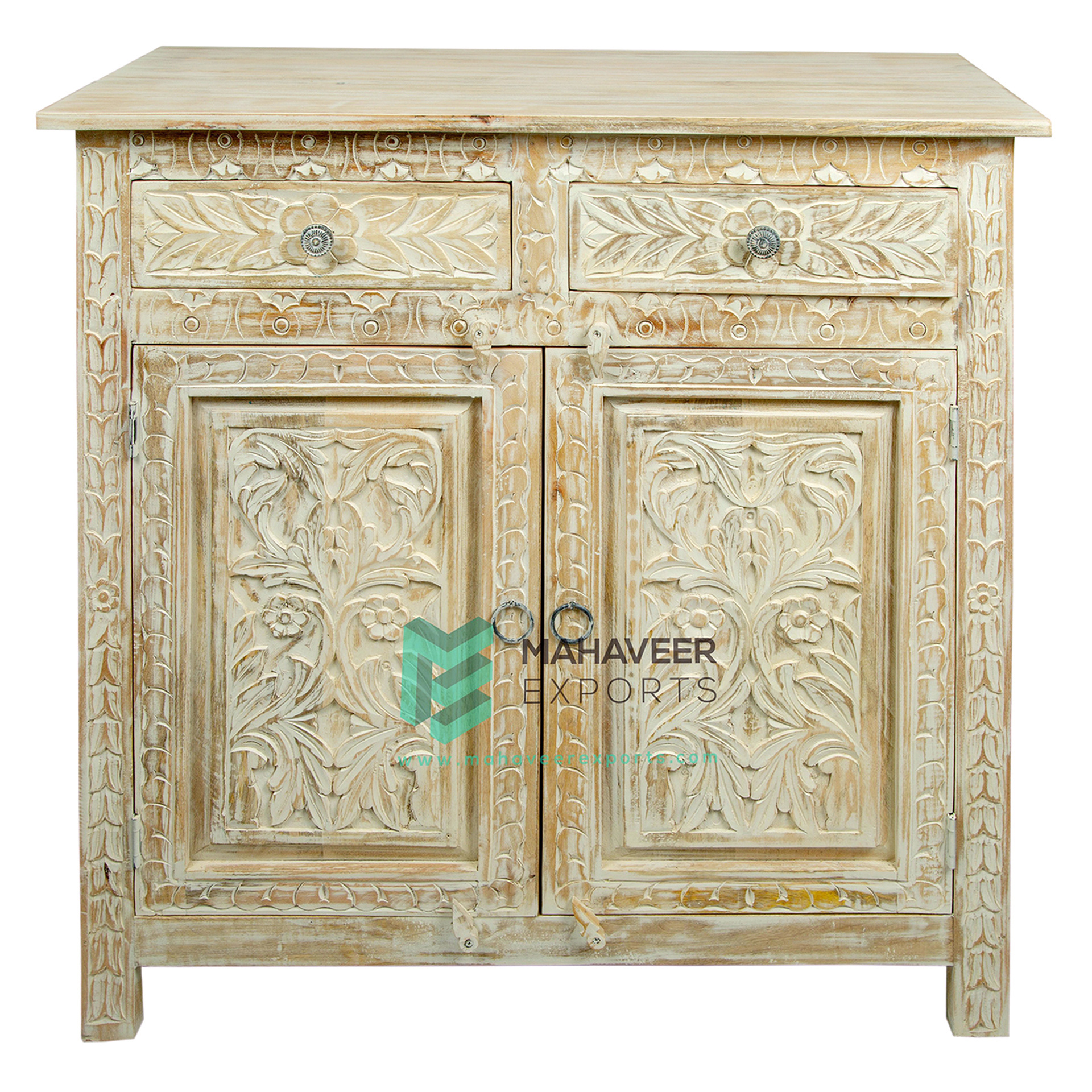 Hand Carved Wooden Two Drawer Two Door Distress Finish Sideboard / Cabinet In Mango Wood  For Living Room / Bedroom Furniture