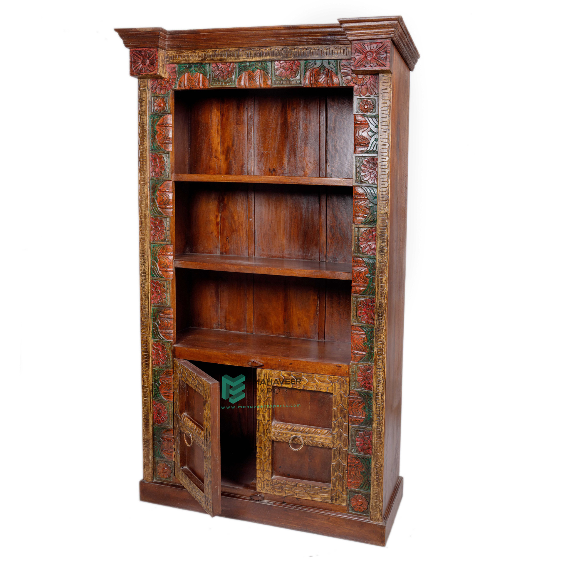 Dark Brown Finish Wooden Two Door Half Open Bookshelf Hand Carved Antique Design Furniture For Living Room / Bedroom