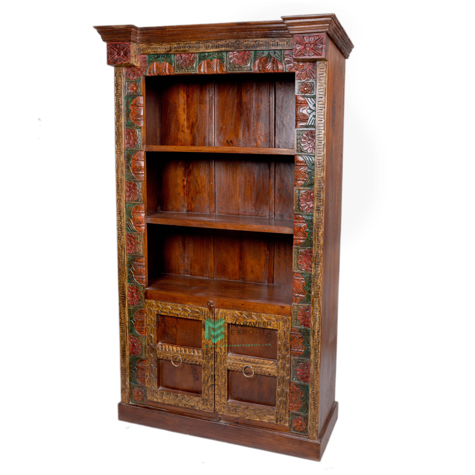 Dark Brown Finish Wooden Two Door Half Open Bookshelf Hand Carved Antique Design Furniture For Living Room / Bedroom