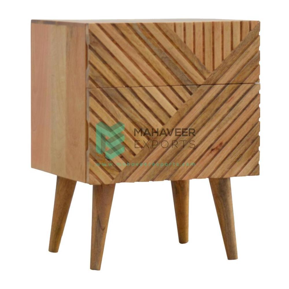 Modern Natural Finish Lined Patterned Two Drawer Living Room End Table / Side Table / Bedside