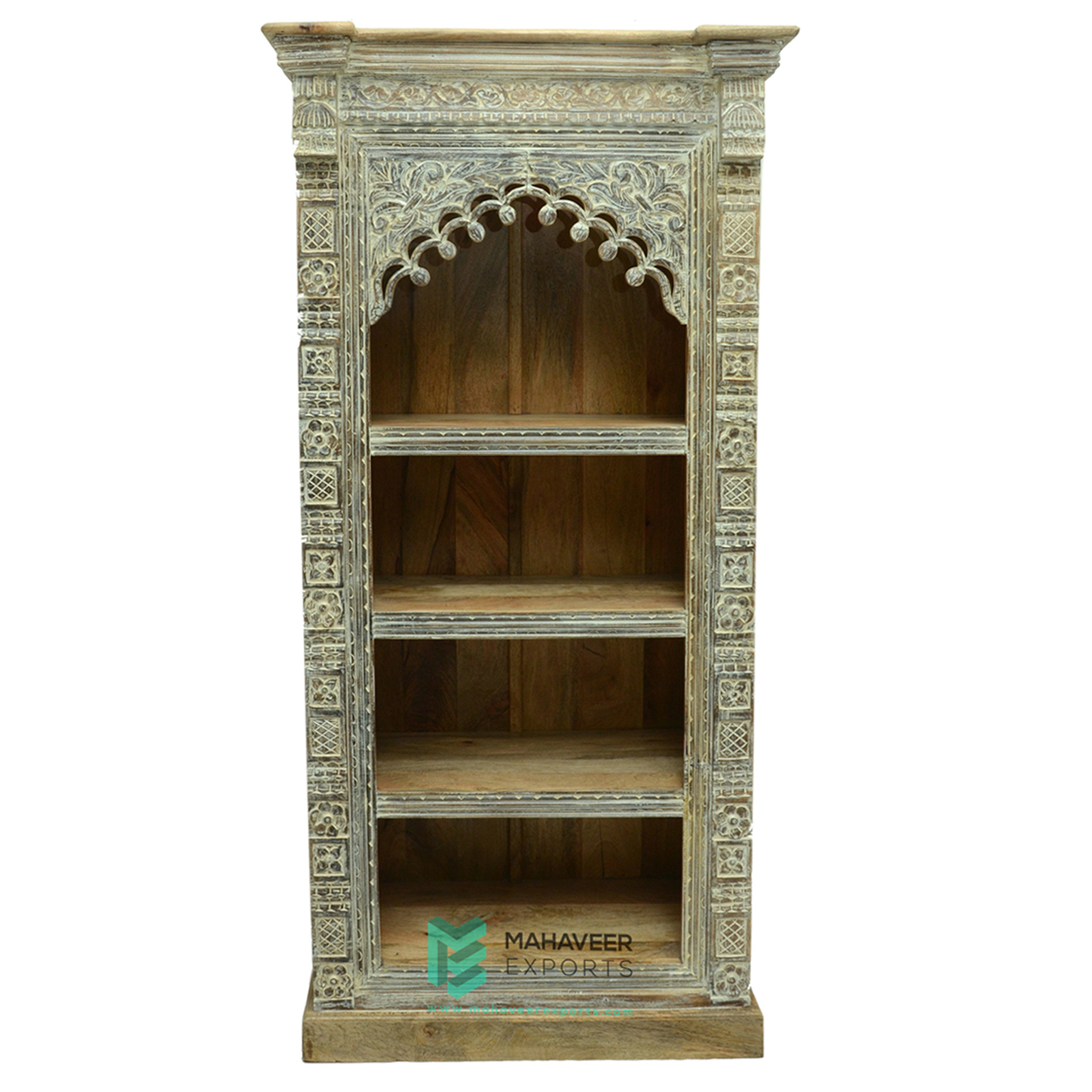 Dark Brown Finish Wooden Two Door Half Open Bookshelf Hand Carved Antique Design Furniture For Living Room / Bedroom