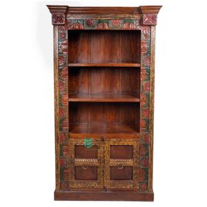 Dark Brown Finish Wooden Two Door Half Open Bookshelf Hand Carved Antique Design Furniture For Living Room / Bedroom