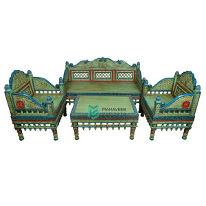 Hot Selling Wooden Jodhpur Style Sky blue Painted Carved Sofa Set (Set Of 4 Pcs) For Living Room / Bedroom Hand Carved Furniture