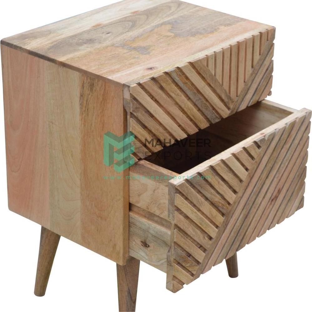 Modern Natural Finish Lined Patterned Two Drawer Living Room End Table / Side Table / Bedside