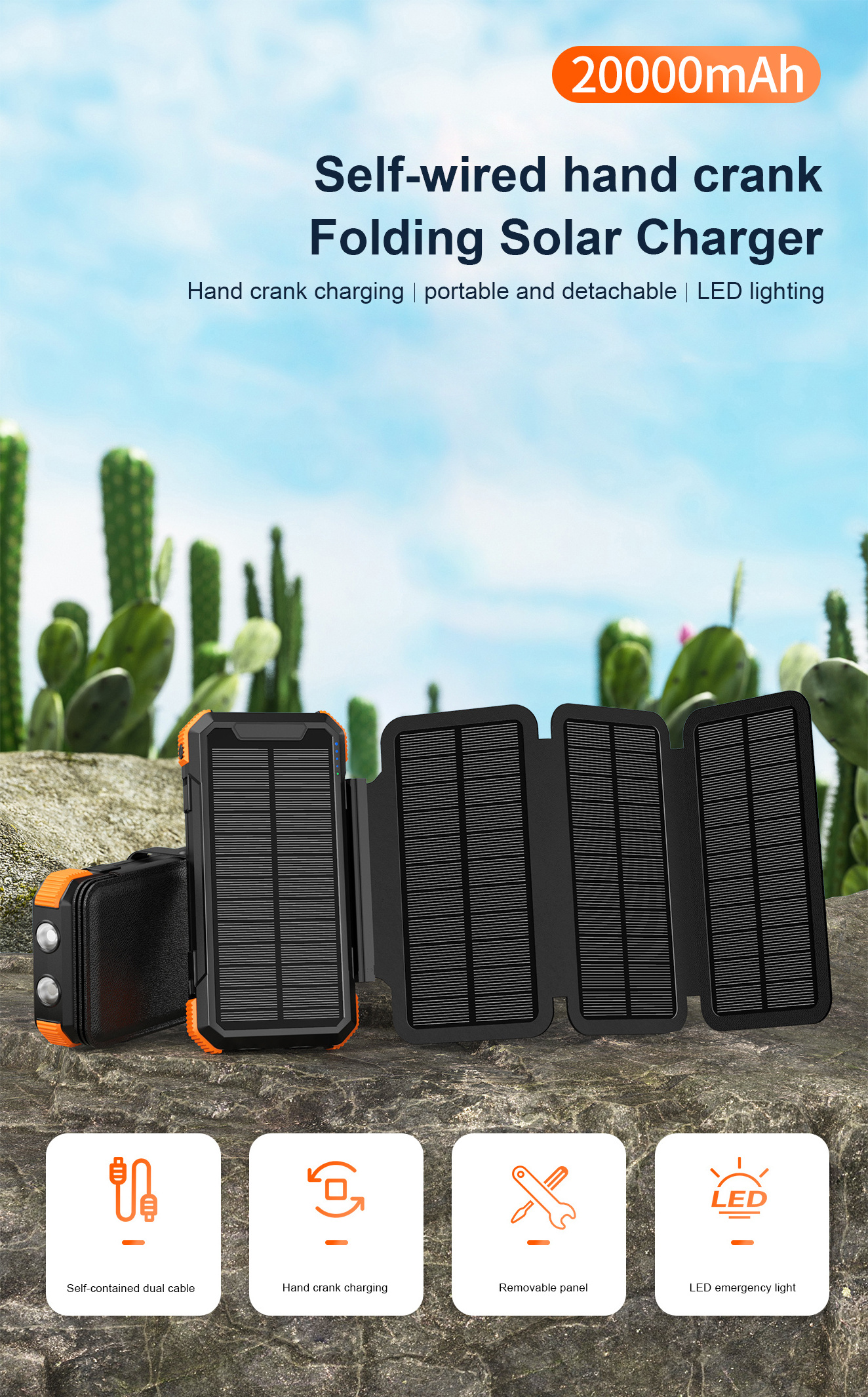 Solar Power Bank Build in Charge Manual Hand Crank Powerbanks Generator Solar Power Bank 20000Mah For Outdoor Emergency Camping