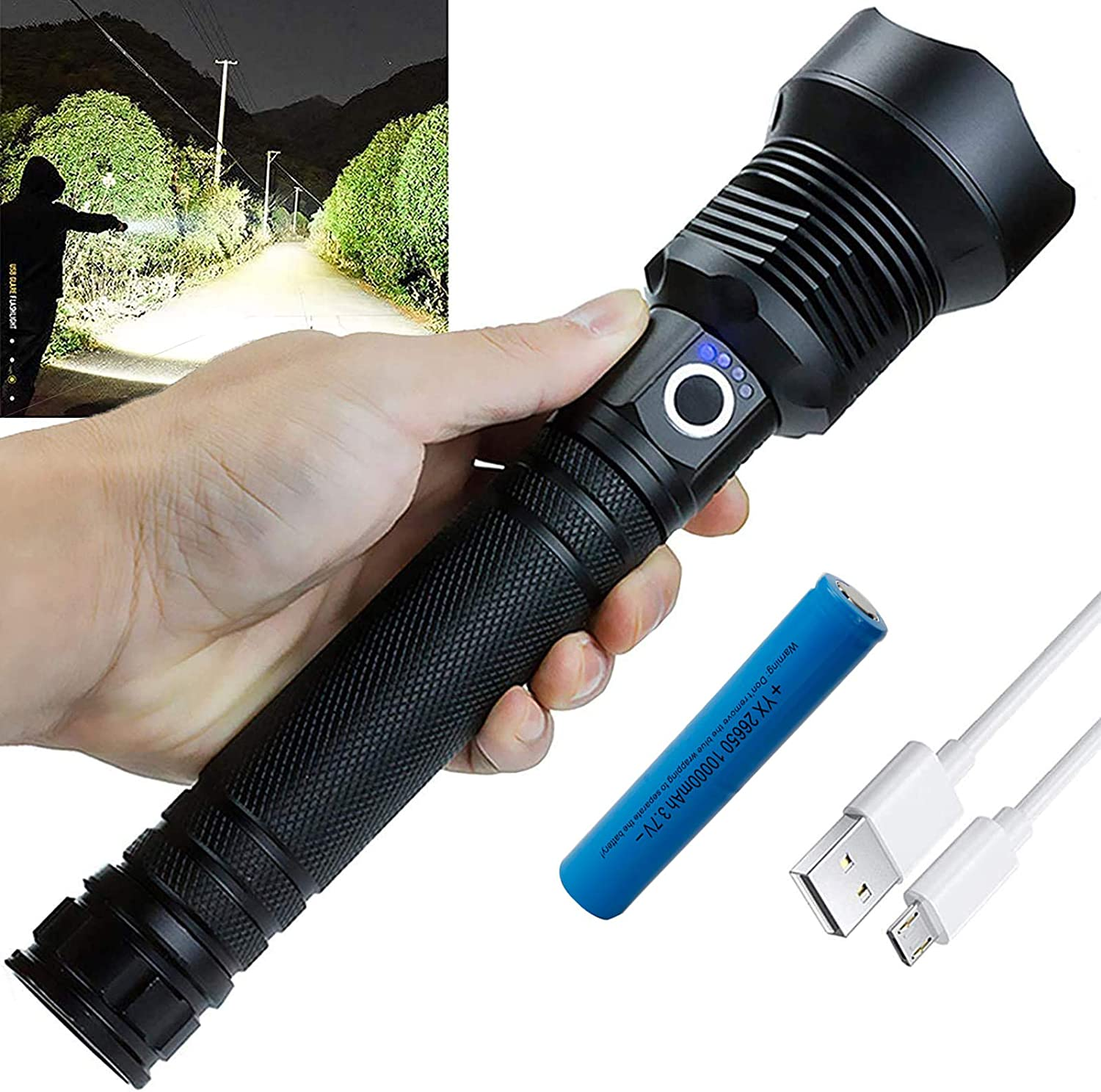 LED Flashlight High Lumens Tactical Flashlights Super Bright Water Resistant 26650 Battery USB Rechargeable Torch Light