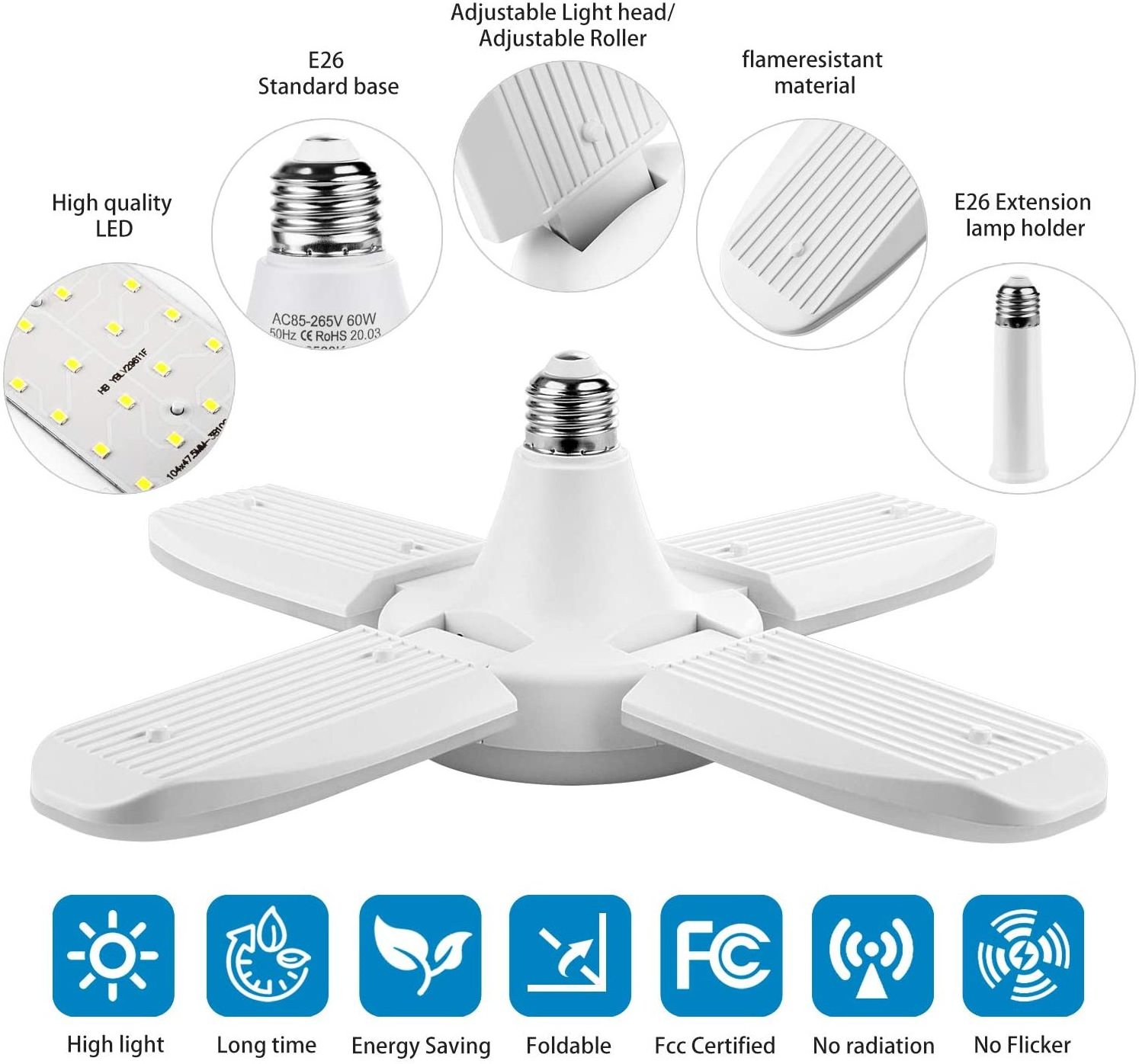 60w LED High Bright 85-265V Deformable Garage Lights Adjustable Panels HighBay Lights Garage Lamp Led Light