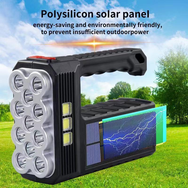 2024 Portable Camping Search Light Solar Rechargeable Flashlight 8 LED Core COB Side Lights Super Bright Survival Gadgets