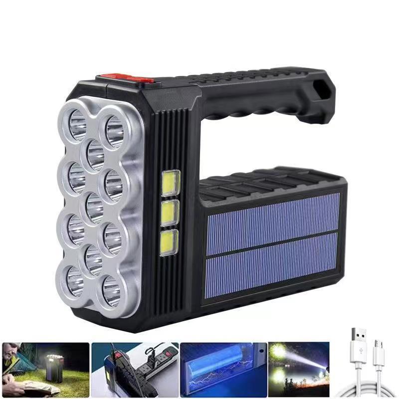 2024 Portable Camping Search Light Solar Rechargeable Flashlight 8 LED Core COB Side Lights Super Bright Survival Gadgets