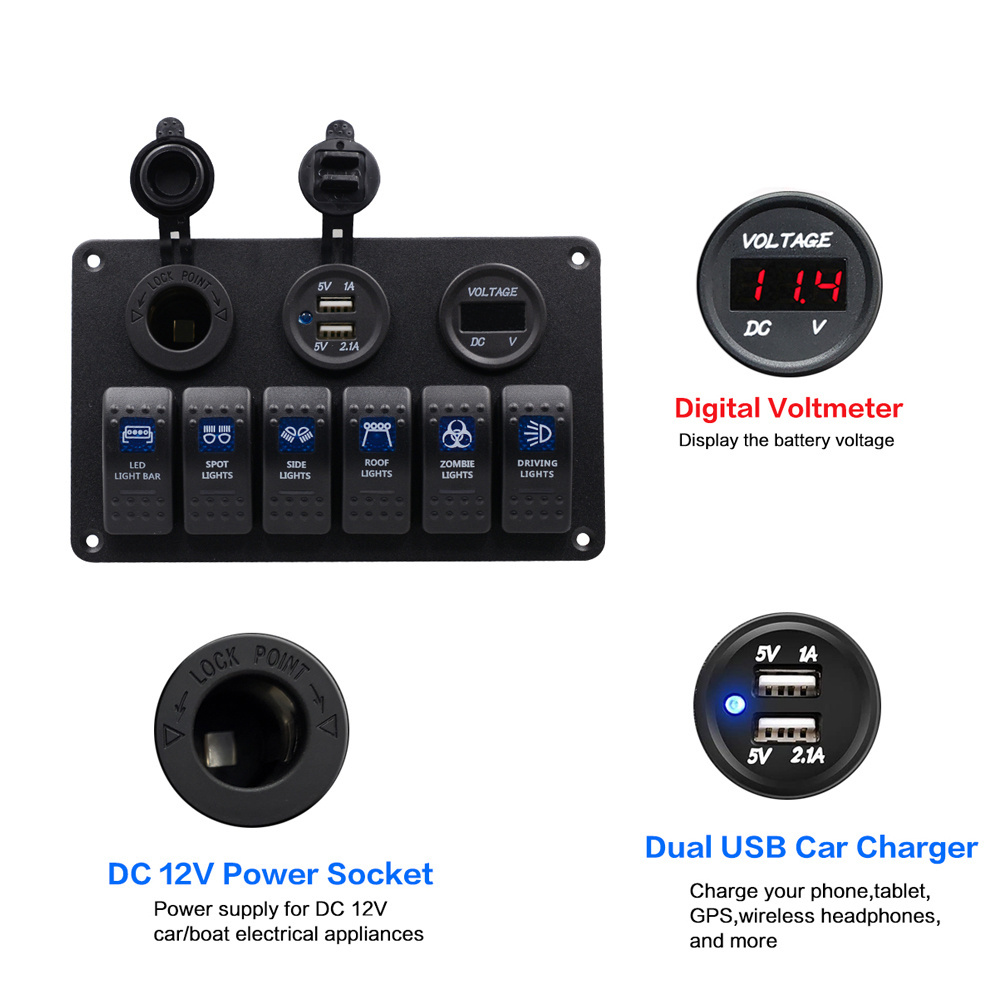 Amomd 12V DC Panel Rocker Switch Panel for Cabin Cruiser Motorboat 6 Gang Dual USB Car Voltmeter Power Socket Blue Lamp