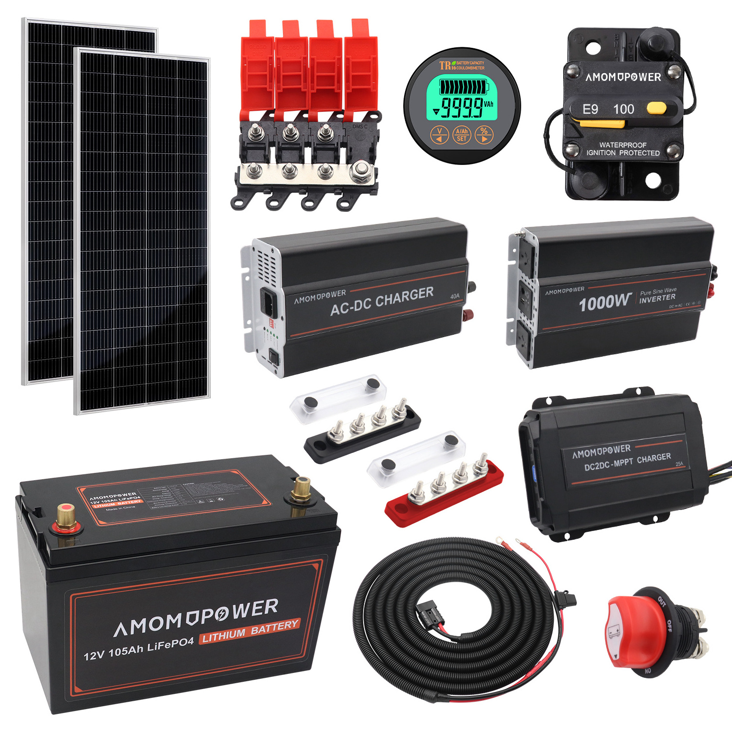 DIY 12V RV Trailer Camping Electrical Solar Panel Kit with 200Ah Lifepo4 Rechargeable Lithium battery and 1000w Inverter