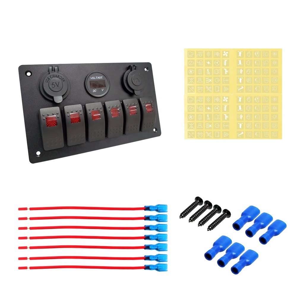 Amomd 6 Gang Waterproof LED Car Boat Switch Panel Rocker Switches with Power Socket On-Off Function 12V 20A Maximum Current