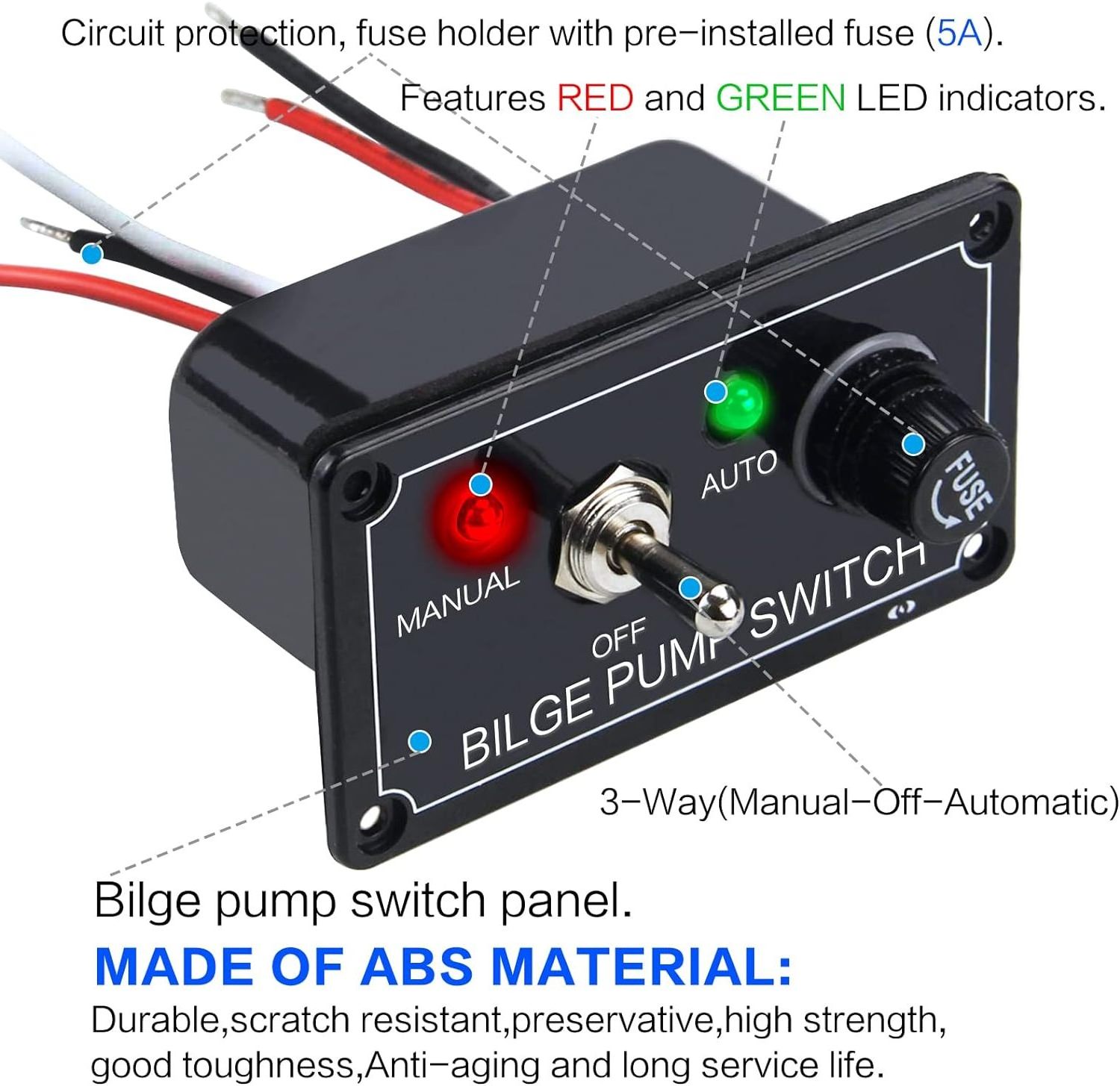 Amomd 12V Marine Bilge Pump Switch Panel 3-Way Rocker Toggle Switch for Car RV Made of Durable ABS Plastic CE Certified