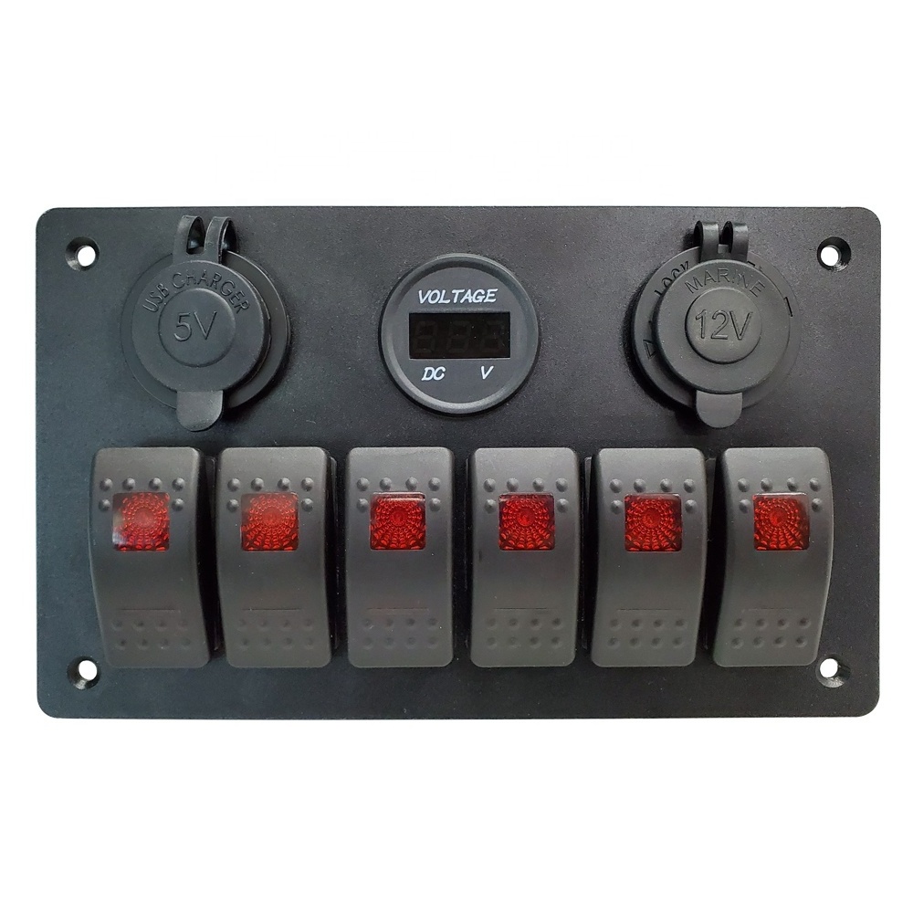 Amomd 6 Gang Waterproof LED Car Boat Switch Panel Rocker Switches with Power Socket On-Off Function 12V 20A Maximum Current