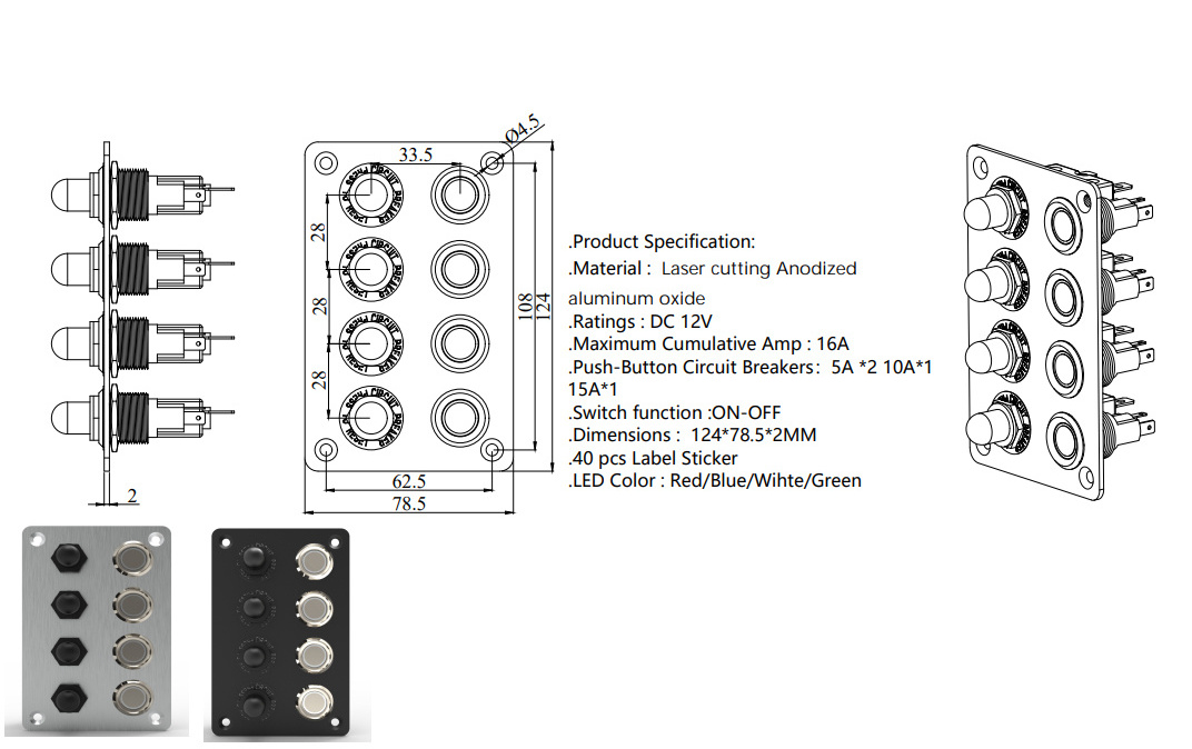 DC 12V 16A 4 Gang High Current Stainless Steel Push Button Switch Panel with Circuit Breakers LED Light Source Red Button