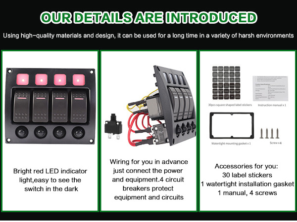 Amomd 12V DC 4 Gang RV Marine Waterproof On-Off Rocker Switch Board Panel CE Certified for Car and Boat Use