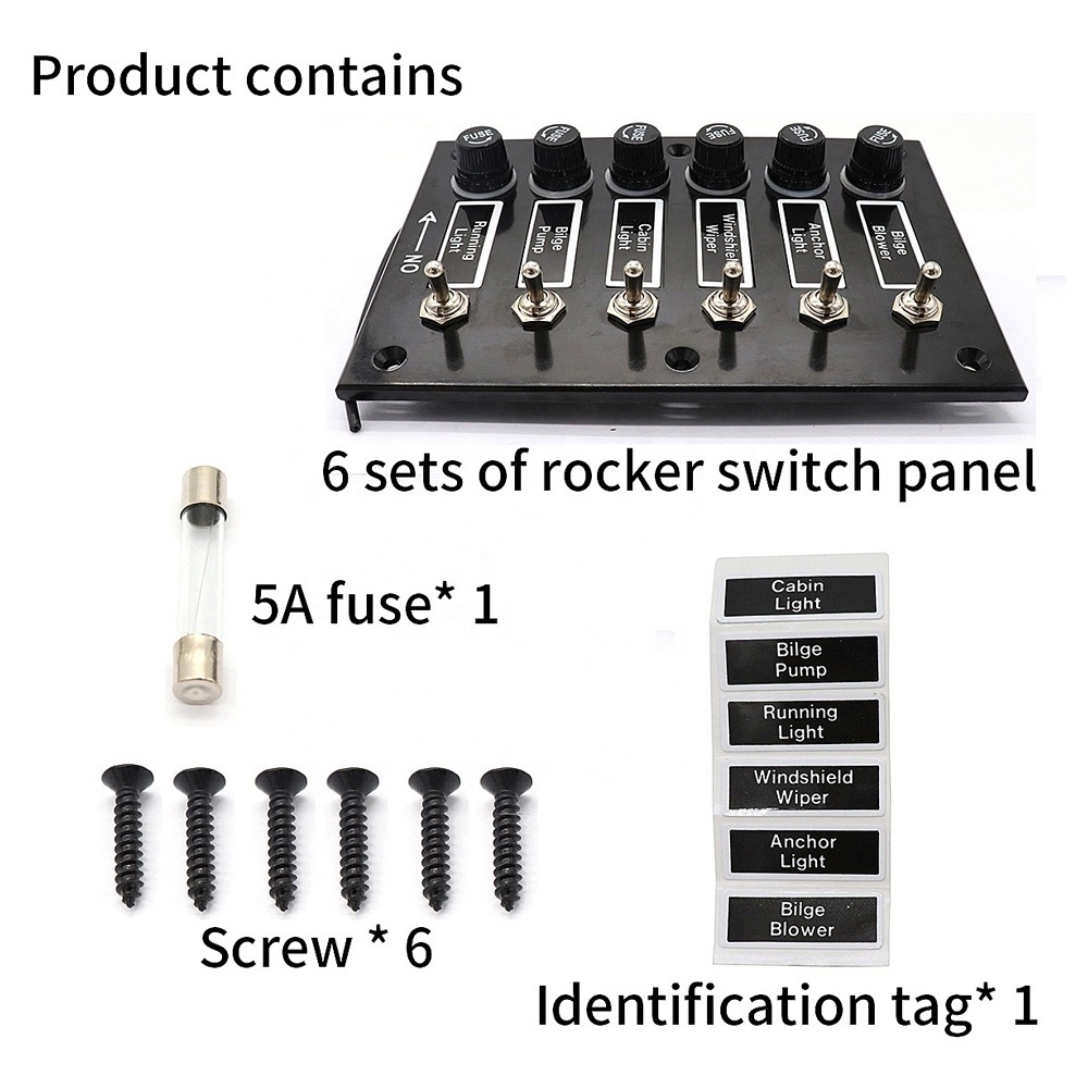 Amomd 12/24V 6P on off Toggle Switch Panel with Glass Fuses Max. Current 15A for Marine Boat RV