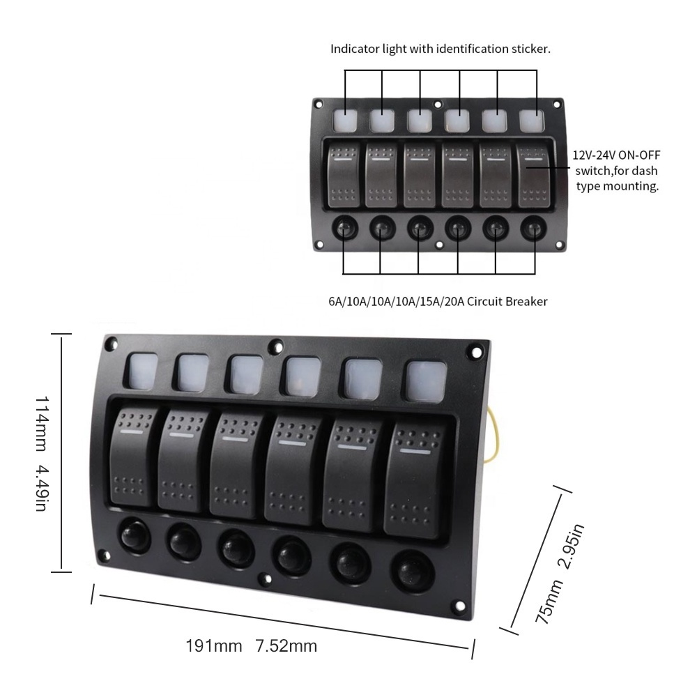 Amomd 6 Gang Waterproof Rocker Switch Panel 12-24V On-Off for Car Boat Cabin Cruiser with Glass Fuse CE Certified