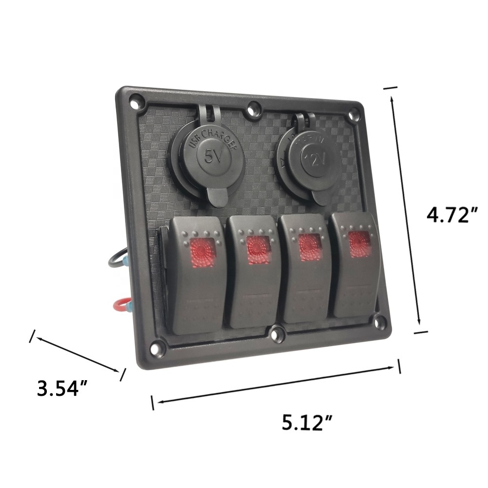 Amomd 4 Gang Dual USB Power Socket 12V Electric Light Control Switch Panel with On-Off Function 20A Max Current for Yacht