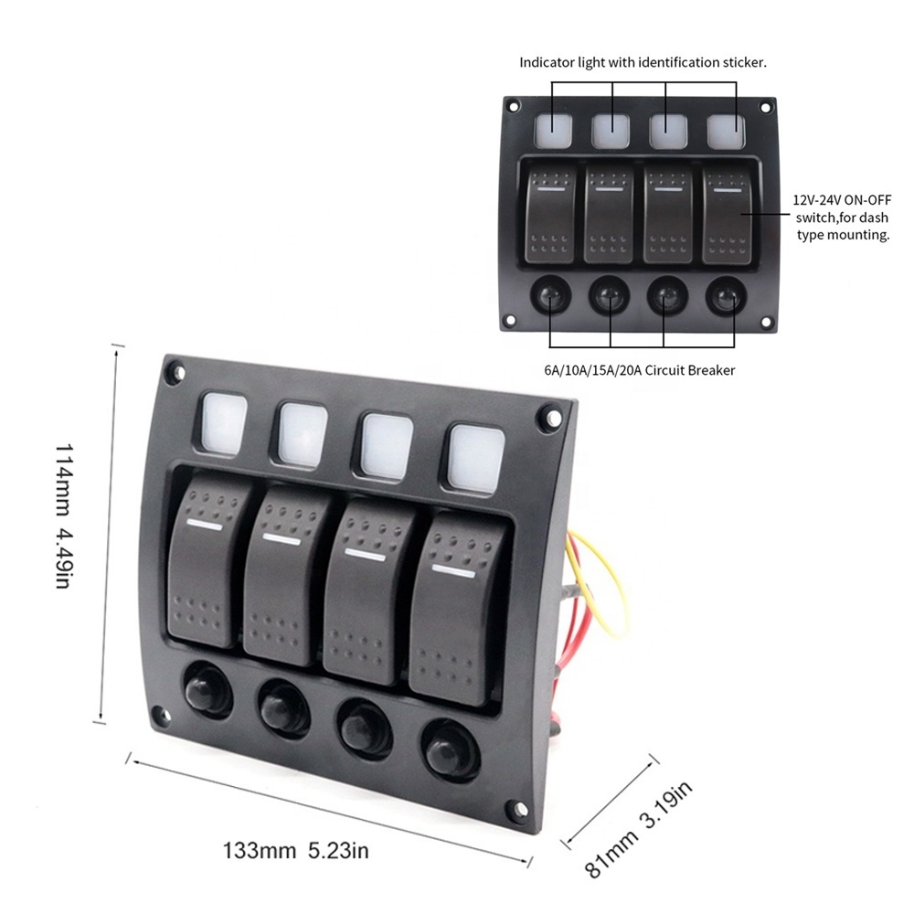 Amomd 12V DC 4 Gang RV Marine Waterproof On-Off Rocker Switch Board Panel CE Certified for Car and Boat Use