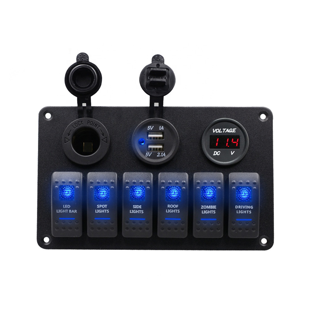 Amomd 12V DC Panel Rocker Switch Panel for Cabin Cruiser Motorboat 6 Gang Dual USB Car Voltmeter Power Socket Blue Lamp