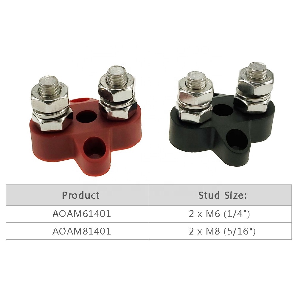 Amomd M8 2 Post Heavy-Duty Power Distribution Block with Dual M8(5/16) Stainless Steel Studs and Nylon Base