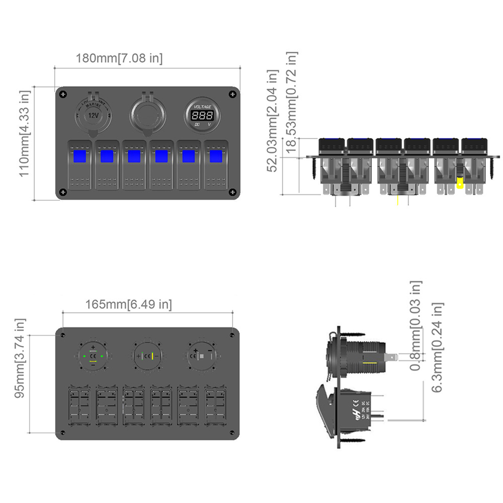 Amomd 12V DC Panel Rocker Switch Panel for Cabin Cruiser Motorboat 6 Gang Dual USB Car Voltmeter Power Socket Blue Lamp