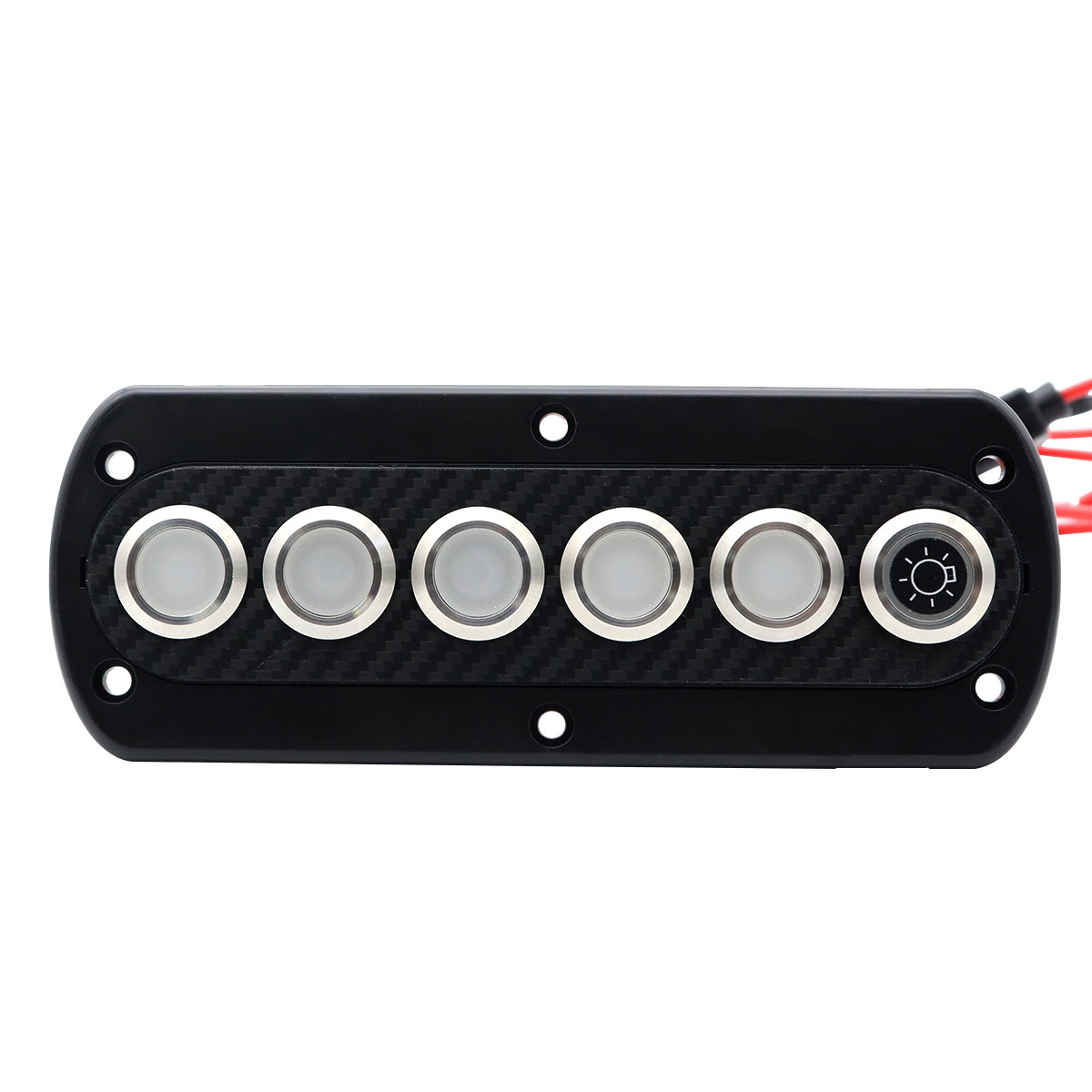 12V 6 Gang Stainless Steel Push Button Switches with Red Indicator LED Carbon Fiber Panel CE Certified 15A 25A Maximum Current